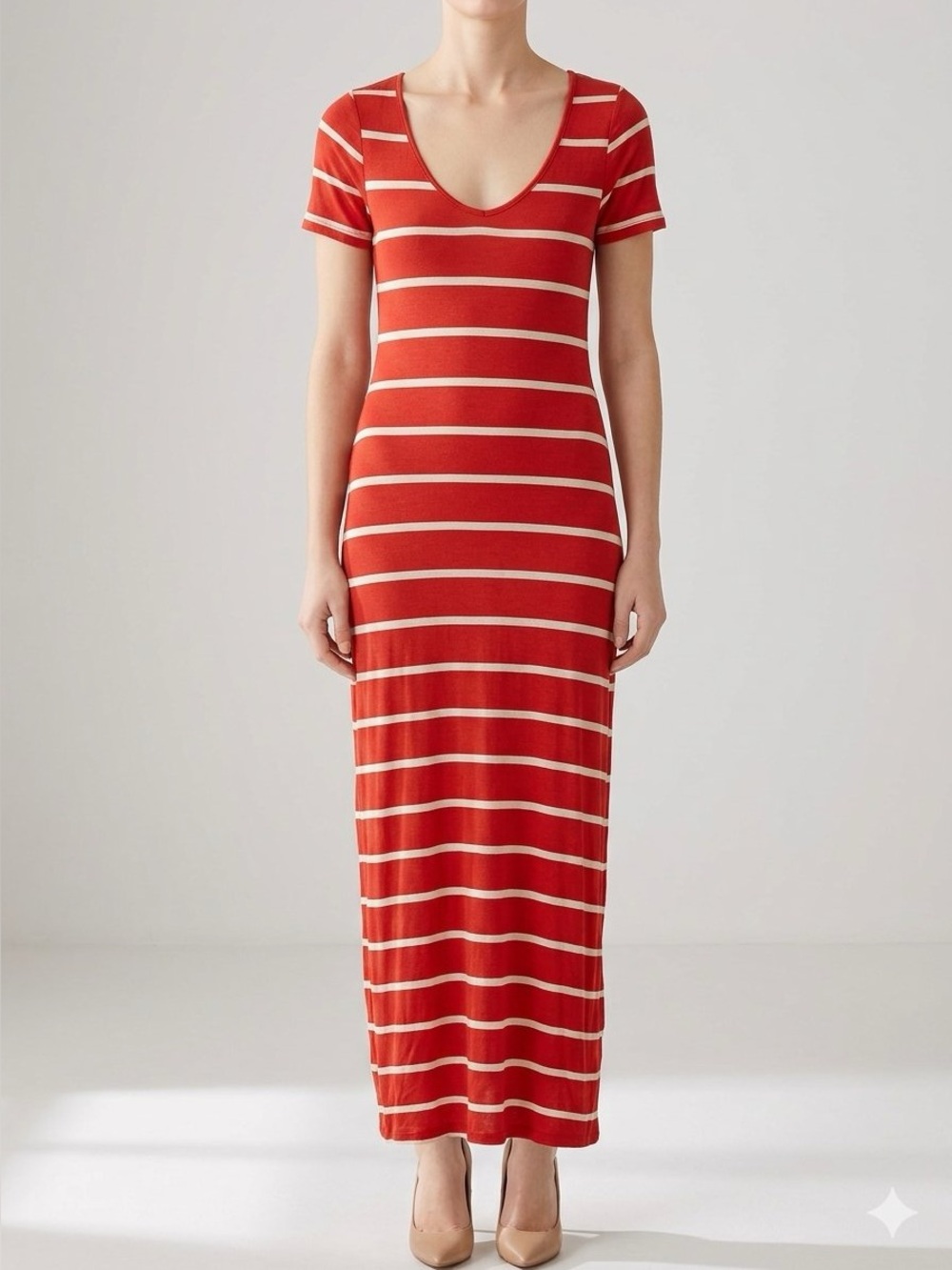 Soprano Red and White Striped Short-Sleeve Maxi Dress